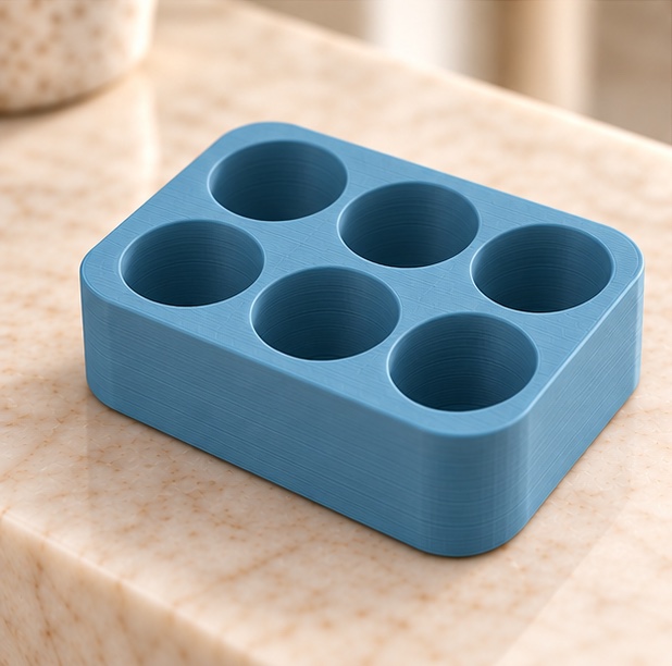 SnapLock 6-Vial Compact Case — insert view in gray and blue; AI-generated visualization