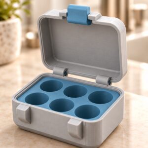 SnapLock 6-Vial Compact Case — open view in gray and blue; AI-generated visualization