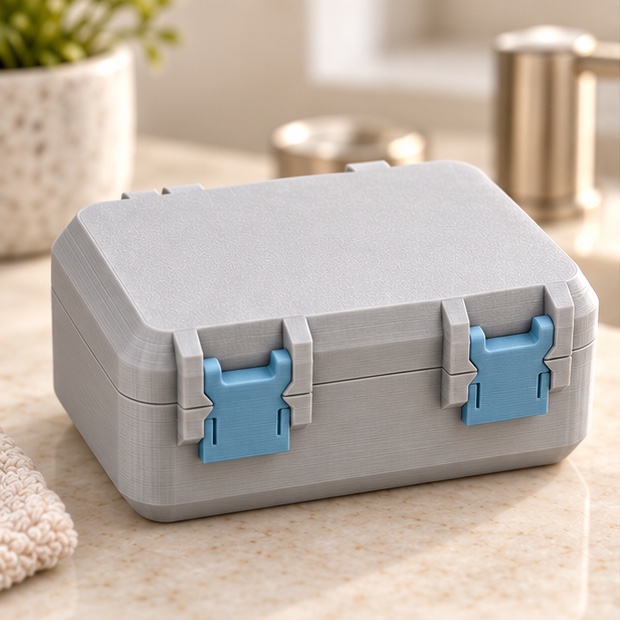 SnapLock 8-Vial Compact Case — closed view in gray and blue; AI-generated visualization