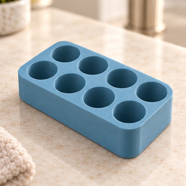 SnapLock 8-Vial Compact Case — insert view in gray and blue; AI-generated visualization