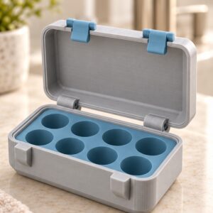 SnapLock 8-Vial Compact Case — open view in gray and blue; AI-generated visualization
