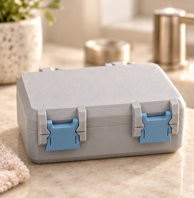 SnapLock 10-Vial Compact Case — closed view in gray and blue; AI-generated visualization