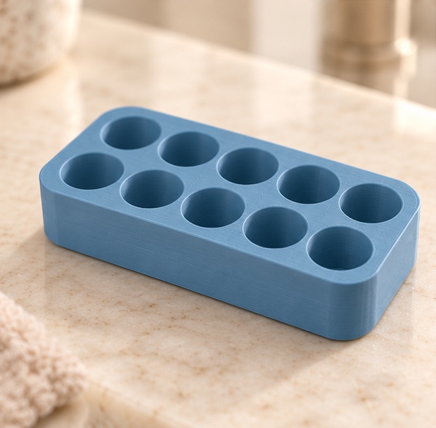 SnapLock 10-Vial Compact Case — insert view in gray and blue; AI-generated visualization