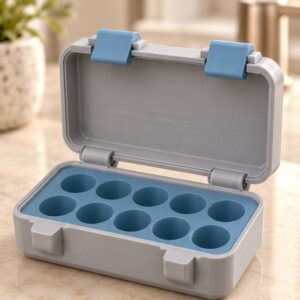 SnapLock 10-Vial Compact Case — open view in gray and blue; AI-generated visualization